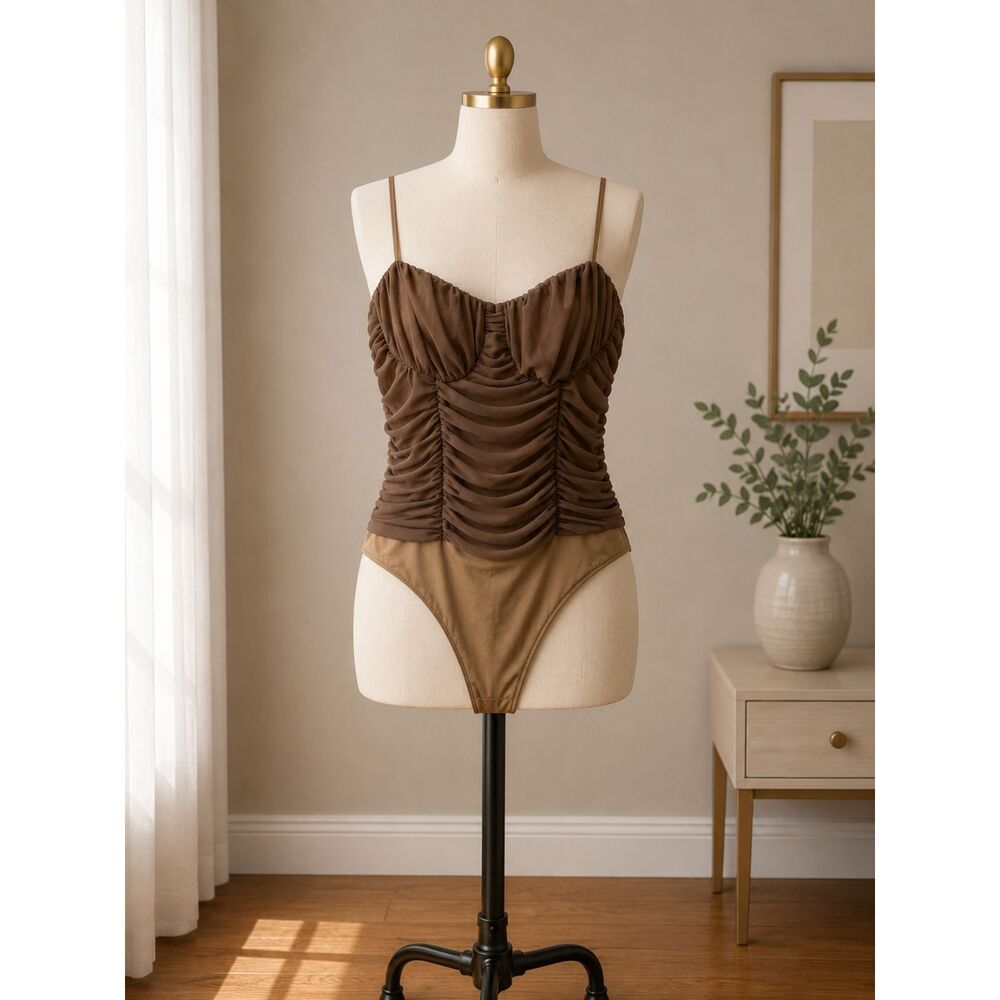 Lovers and Friends Brown Ruched Mesh Bustier Bodysuit Size L